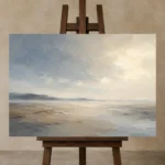 Misty Open Plain Minimal Landscape Wall Art Canvas Print displayed on a studio easel