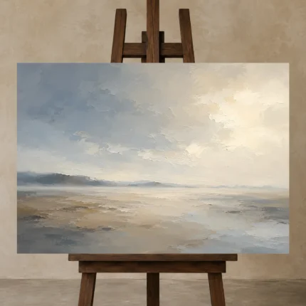 Misty Open Plain Minimal Landscape Wall Art Canvas Print displayed on a studio easel