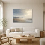 Misty Open Plain Minimal Landscape Wall Art Canvas Print styled in a refined neutral interior