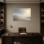 Misty Open Plain Minimal Landscape Wall Art Canvas Print displayed in a contemporary gallery-inspired room