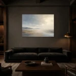 Misty Open Plain Minimal Landscape Wall Art Canvas Print shown in a warm modern interior