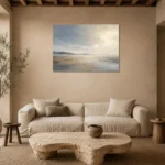 Misty Open Plain Minimal Landscape Wall Art Canvas Print presented in a sophisticated home setting
