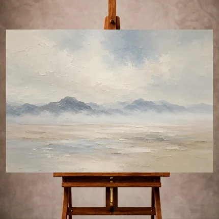 Gray and misty blue Minimal Landscape Wall Art print featuring distant ridge silhouettes for refined interiors