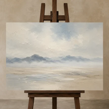 Misty Distant Ridges Minimal Landscape Wall Art Canvas Print displayed on a studio easel
