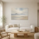 Misty Distant Ridges Minimal Landscape Wall Art Canvas Print styled in a refined neutral interior