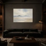 Misty Distant Ridges Minimal Landscape Wall Art Canvas Print shown in a warm modern interior