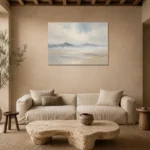 Misty Distant Ridges Minimal Landscape Wall Art Canvas Print presented in a sophisticated home setting