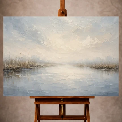 Misty blue and beige Minimal Landscape Wall Art print featuring softened marsh reeds and reflective water for elegant interiors