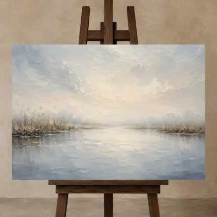 Misty Marsh Reflection Minimal Landscape Wall Art Canvas Print displayed on a studio easel
