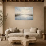 Misty Marsh Reflection Minimal Landscape Wall Art Canvas Print presented in a sophisticated home setting