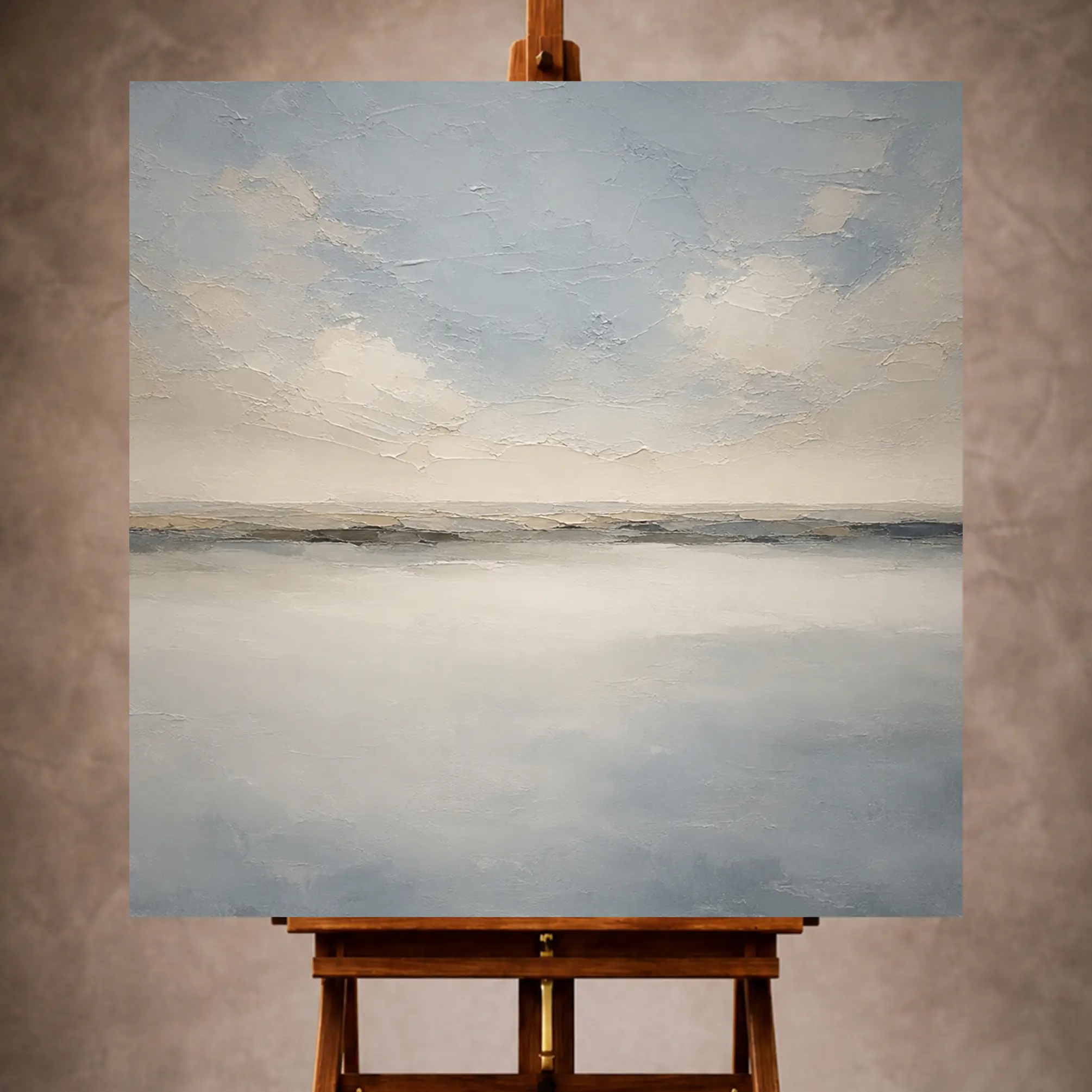 Premium Wall Art Kare Html Edition – MINIMALIST061 Image 1 Misty blue and beige Minimal Landscape Wall Art print featuring a quiet basin and thin horizon for elegant interiors