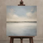 Quiet Mist Basin Minimal Landscape Wall Art Canvas Print displayed on a studio easel