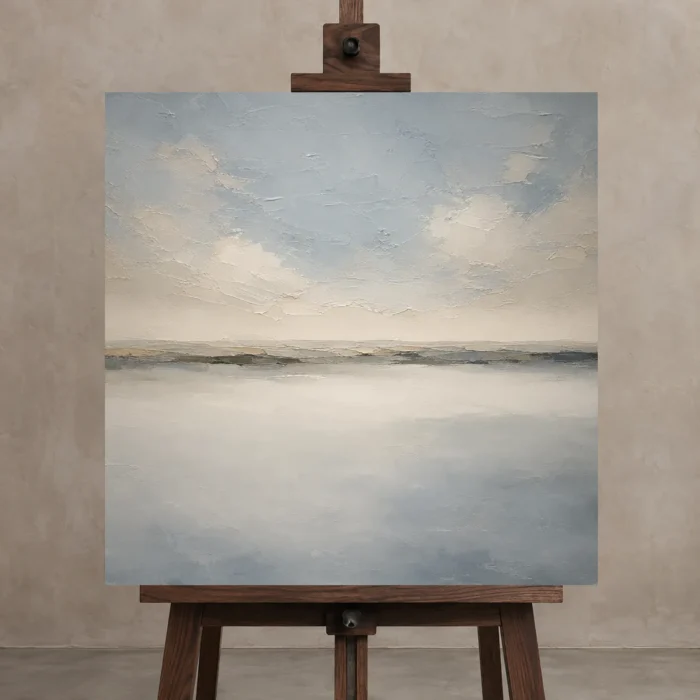Quiet Mist Basin Minimal Landscape Wall Art Canvas Print displayed on a studio easel