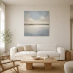 Quiet Mist Basin Minimal Landscape Wall Art Canvas Print styled in a refined neutral interior