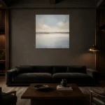 Quiet Mist Basin Minimal Landscape Wall Art Canvas Print shown in a warm modern interior