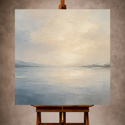 Misty blue and pearl gray Minimal Landscape Wall Art print featuring a still lake and faint horizon for elegant interiors
