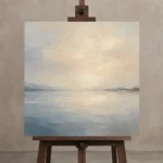 Luminous Still Lake Minimal Landscape Wall Art Canvas Print displayed on a studio easel