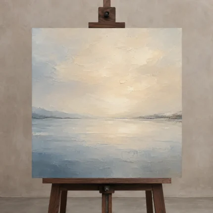 Luminous Still Lake Minimal Landscape Wall Art Canvas Print displayed on a studio easel