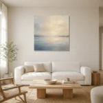 Luminous Still Lake Minimal Landscape Wall Art Canvas Print styled in a refined neutral interior