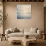 Luminous Still Lake Minimal Landscape Wall Art Canvas Print presented in a sophisticated home setting