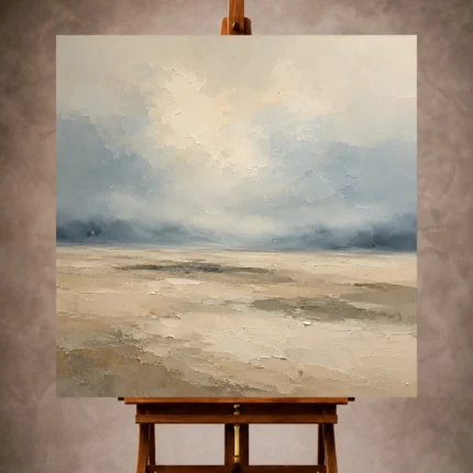 Beige and blue-gray Minimal Landscape Wall Art print featuring an open field and delicate misty horizon for refined interiors