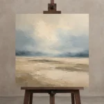 Grounded Beige Field Minimal Landscape Wall Art Canvas Print displayed on a studio easel