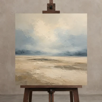 Grounded Beige Field Minimal Landscape Wall Art Canvas Print shown in Studio Easel