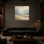 Grounded Beige Field Minimal Landscape Wall Art Canvas Print shown in a warm modern interior