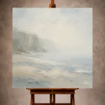 Misty blue and gray-beige Minimal Landscape Wall Art print featuring a softened distant cliff for elegant interiors