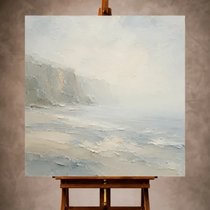 Misty blue and gray-beige Minimal Landscape Wall Art print featuring a softened distant cliff for elegant interiors