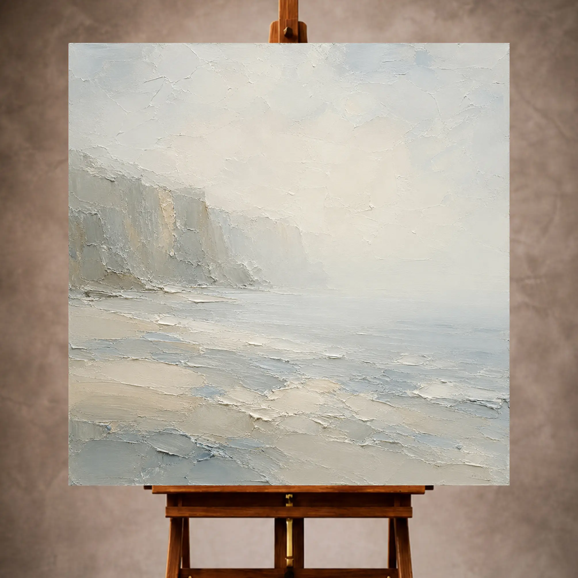 Premium Wall Art Kare Html Edition – MINIMALIST064 Image 1 Misty blue and gray-beige Minimal Landscape Wall Art print featuring a softened distant cliff for elegant interiors