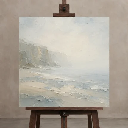 Misty Cliff Stillness Minimal Landscape Wall Art Canvas Print displayed on a studio easel