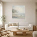 Misty Cliff Stillness Minimal Landscape Wall Art Canvas Print styled in a refined neutral interior