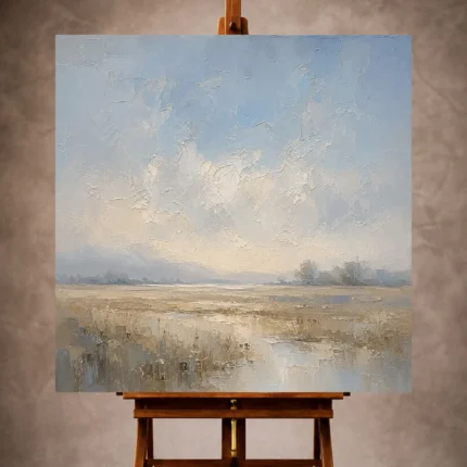 Misty blue and warm beige Minimal Landscape Wall Art print featuring a pale morning plain and simple horizon for refined interiors
