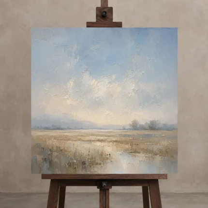 Pale Morning Plain Minimal Landscape Wall Art Canvas Print displayed on a studio easel