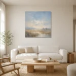 Pale Morning Plain Minimal Landscape Wall Art Canvas Print styled in a refined neutral interior