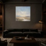 Pale Morning Plain Minimal Landscape Wall Art Canvas Print shown in a warm modern interior