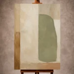 Sage and ivory Japandi Minimalist Wall Art print featuring an organic panel and warm wood accents for elegant interiors
