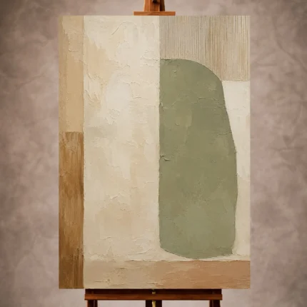 Sage and ivory Japandi Minimalist Wall Art print featuring an organic panel and warm wood accents for elegant interiors