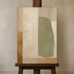 Serene Sage Japandi Minimalist Wall Art Canvas Print displayed on a studio easel