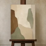 Sage and Cedar Japandi Minimalist Wall Art Canvas Print displayed on a studio easel