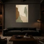 Sage and Cedar Japandi Minimalist Wall Art Canvas Print shown in a warm modern interior