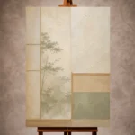 Sage and ivory Minimalist Wall Art print featuring shoji-inspired planes and a garden silhouette for elegant interiors