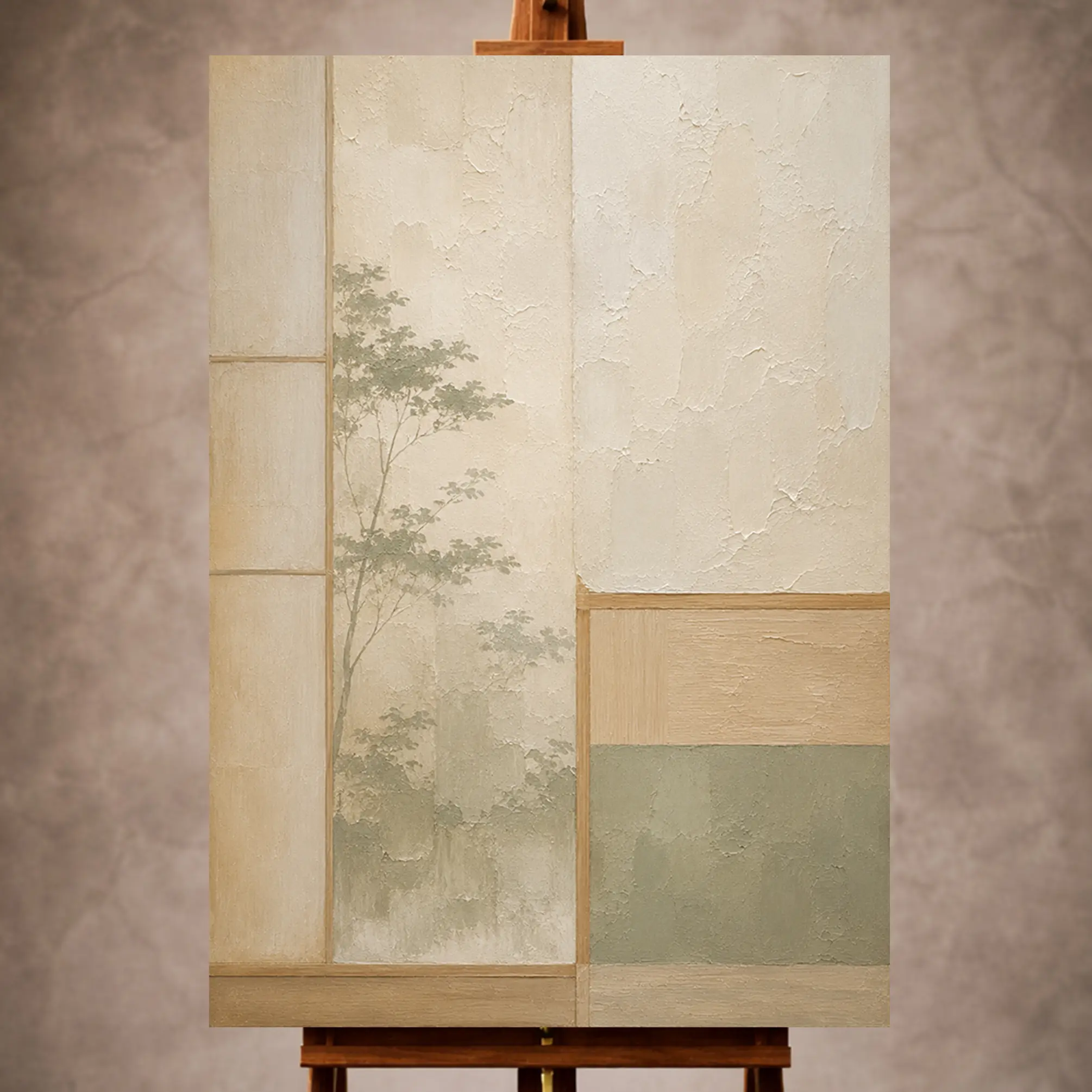 Premium Wall Art Dikey Html Edition – MINIMALIST068 Image 1 Sage and ivory Minimalist Wall Art print featuring shoji-inspired planes and a garden silhouette for elegant interiors