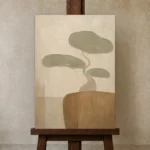 Sage Bonsai Minimalist Wall Art Canvas Print displayed on a studio easel
