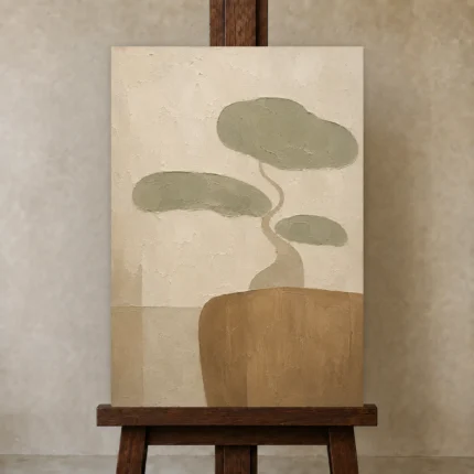 Sage Bonsai Minimalist Wall Art Canvas Print shown in Studio Easel