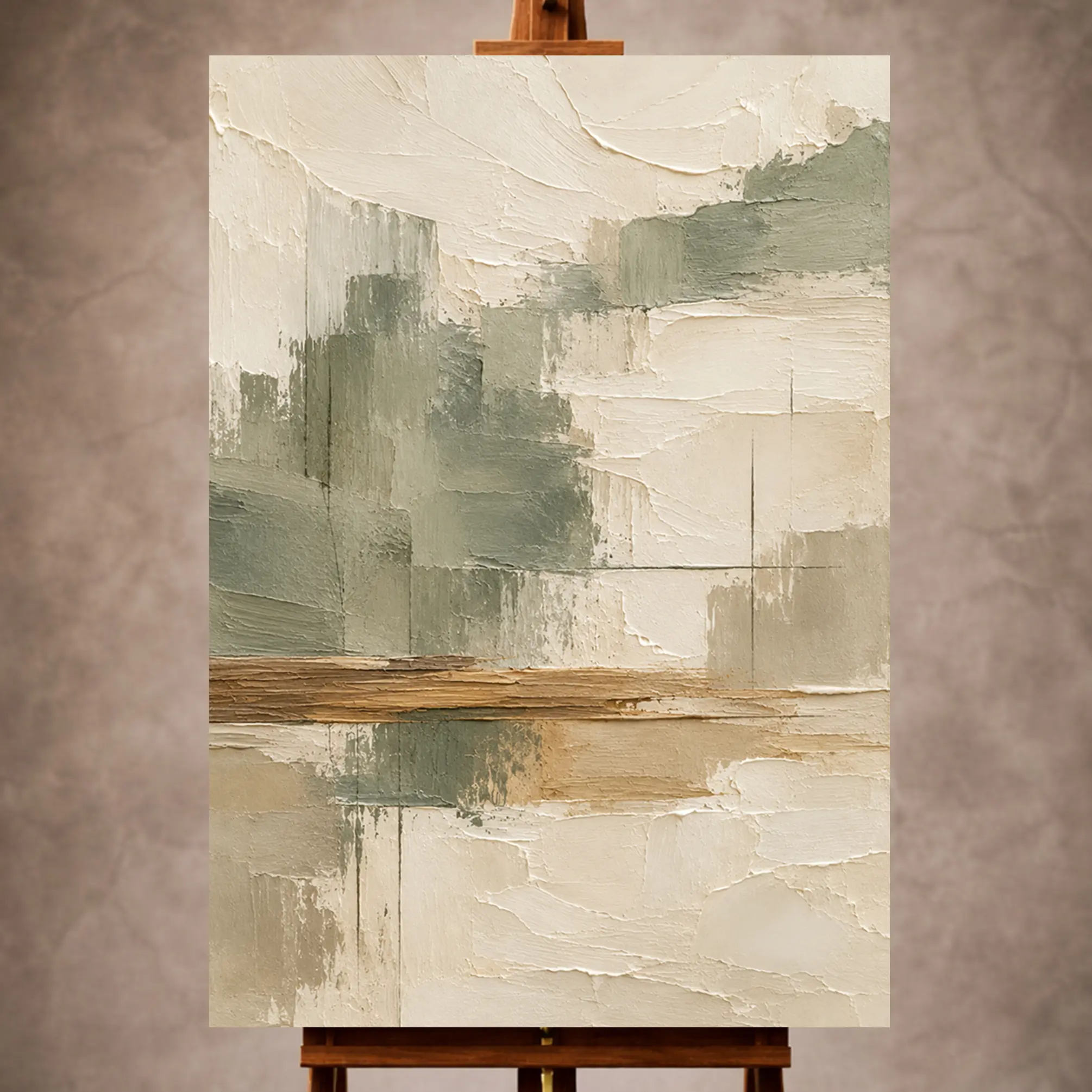 Premium Wall Art Dikey Html Edition – MINIMALIST070 Image 1 Sage and ivory Minimalist Wall Art print featuring layered plaster forms and warm wood accents for elegant interiors