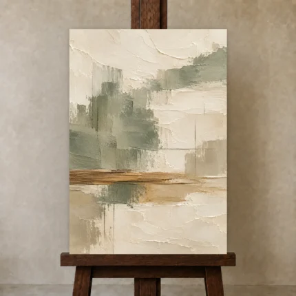 Sage and Ivory Japandi Minimalist Wall Art Canvas Print shown in Studio Easel