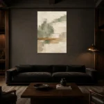 Sage and Ivory Japandi Minimalist Wall Art Canvas Print shown in a warm modern interior