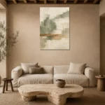 Sage and Ivory Japandi Minimalist Wall Art Canvas Print presented in a sophisticated home setting